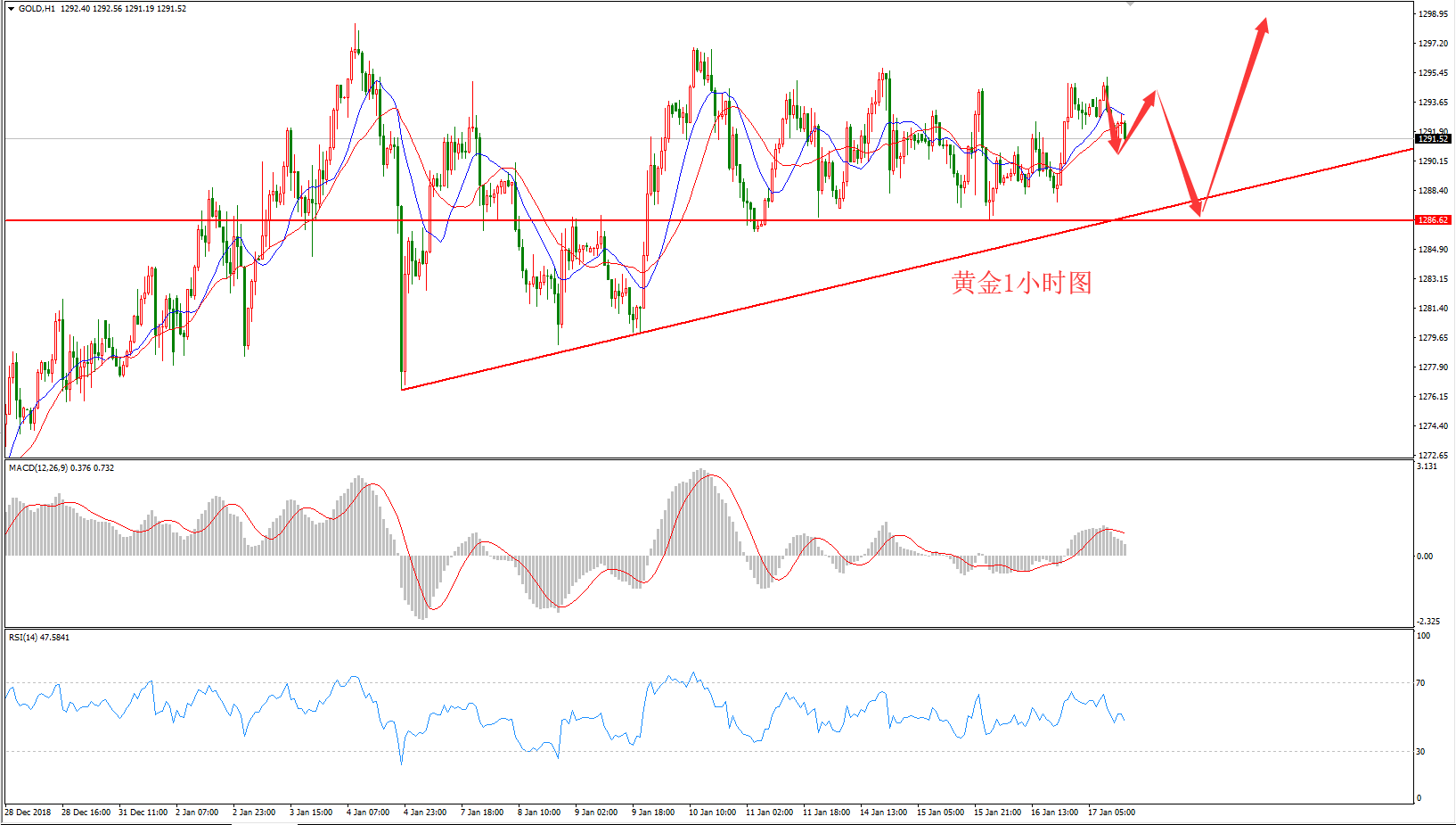 2019年1月17日晚间黄金走势图